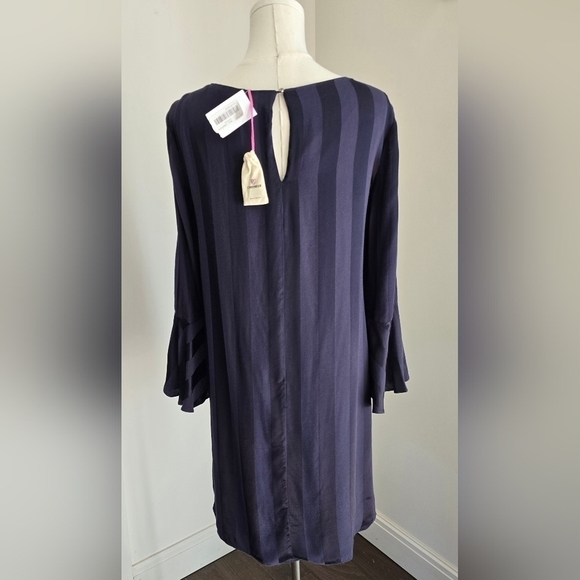 NWT Cremieux Selina Ruffle Sleeve Navy Striped Satin Shift Dress Sz. S - Picture 4 of 11
